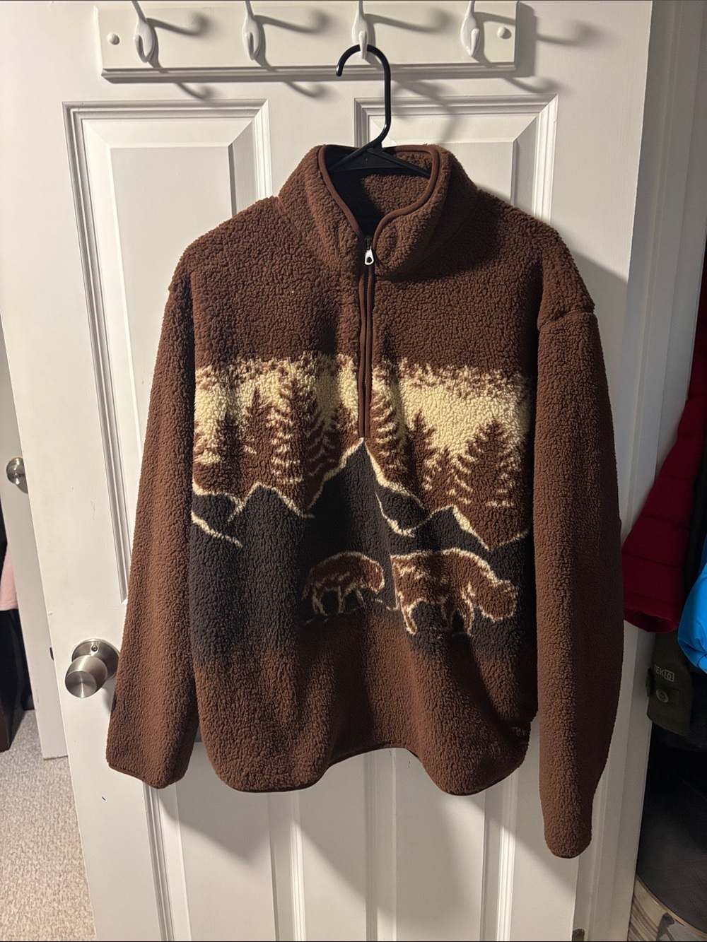 Old Navy Brown Sherpa Zip-Up Pullover with Scenic Bear Design